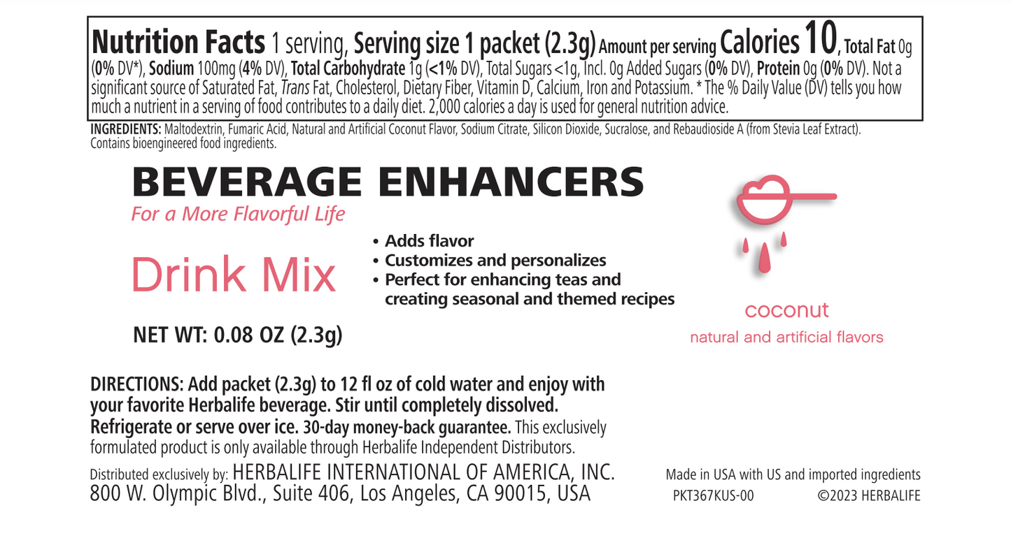 Beverage Enhancers Drink Mix Single-Serve Packets- Coconut 30 Packets